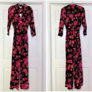 L’AGENCE Teddy 3/4 Sleeve Jumpsuit 100% Silk Black with Red Roses Size 2 NWT